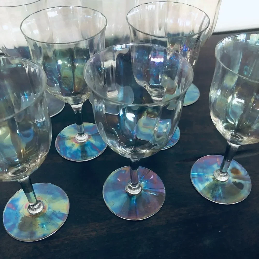 Vintage Fostoria Mother of Pearl Iridescent Wine Glasses Goblets 10-pc Set